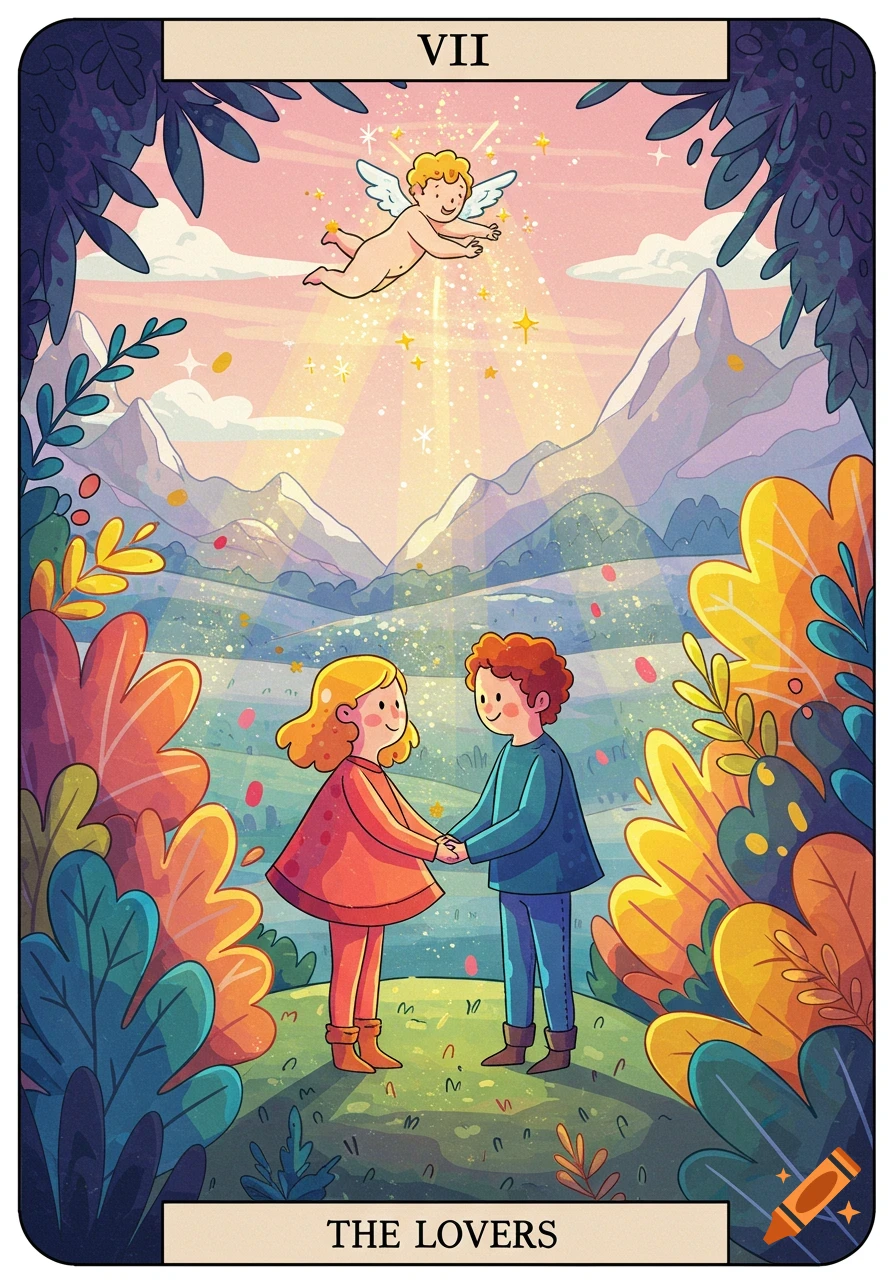 A colorful cartoon tarot card featuring a cherub flying over a young couple holding hands in a bright, lush landscape with mountains.