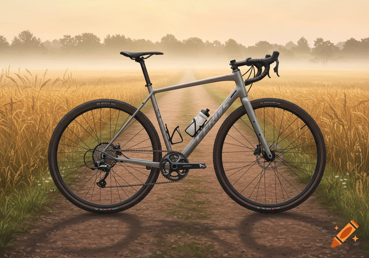 A grey gravel bike with a water bottle stands on a dirt path in a golden field under a misty sky, depicted in an illustration style.