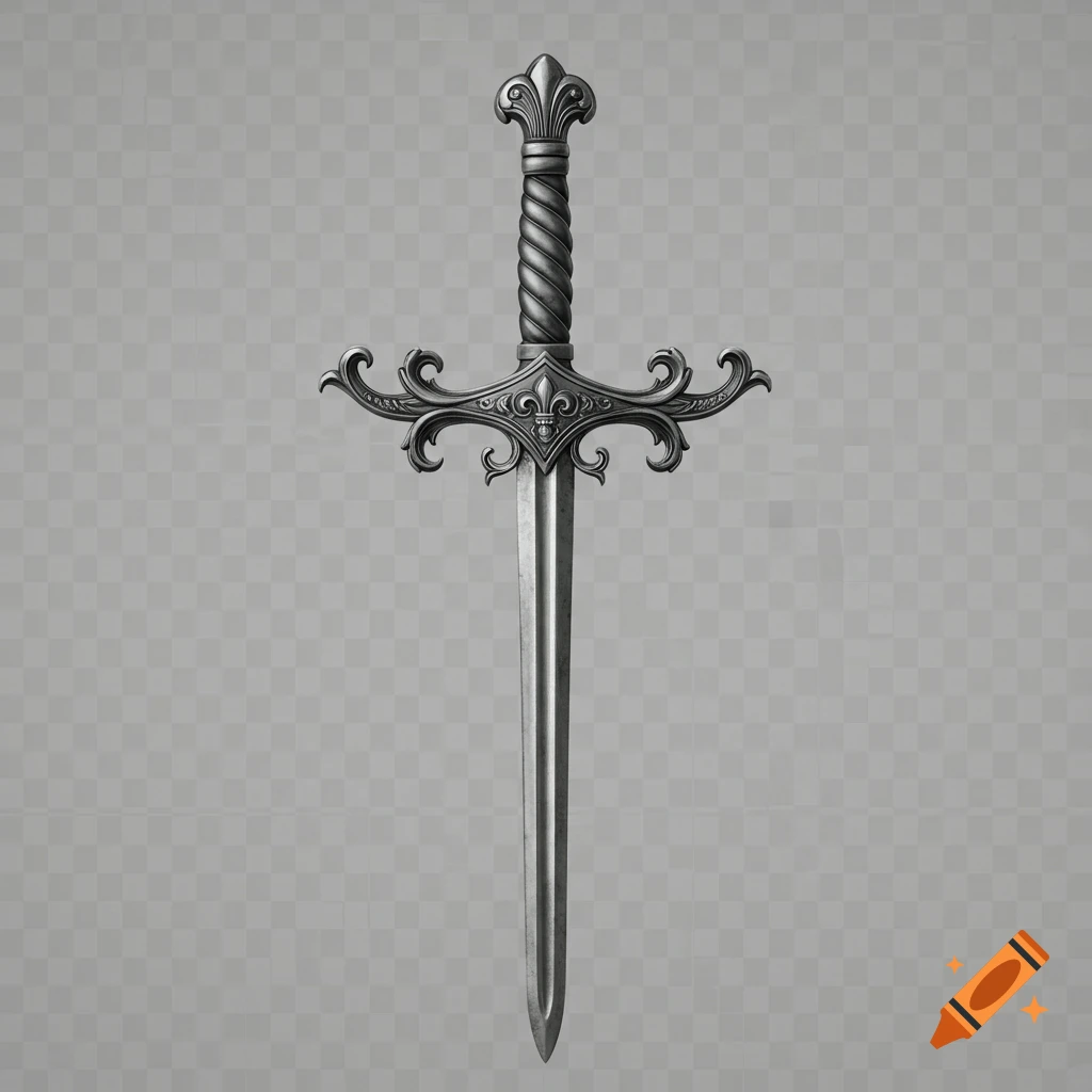 An ornate medieval sword with a detailed hilt and guard, centered against a transparent background.