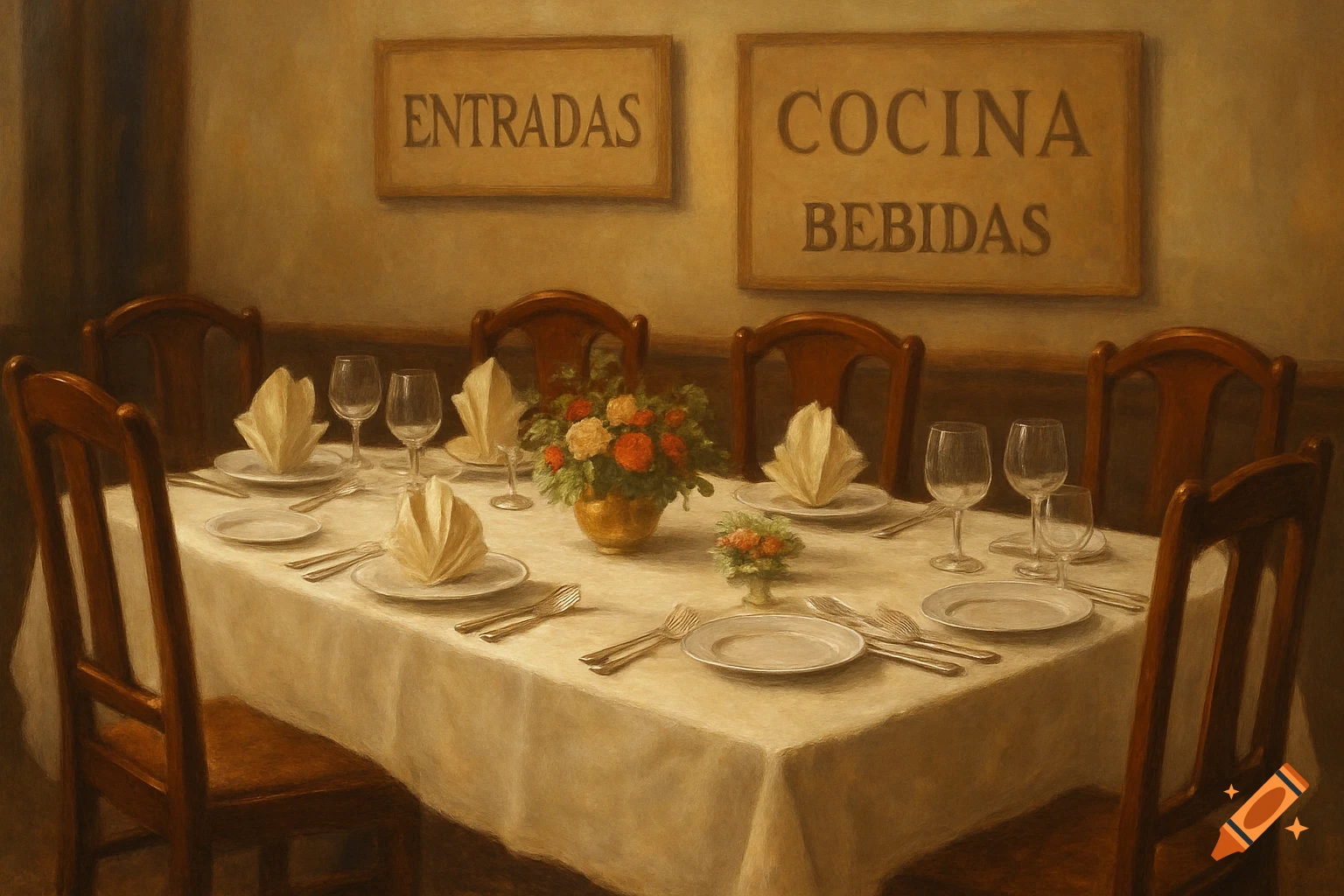Elegant dining table in a restaurant setting with white tablecloth, place settings, flower centerpieces, and Spanish menu signs.