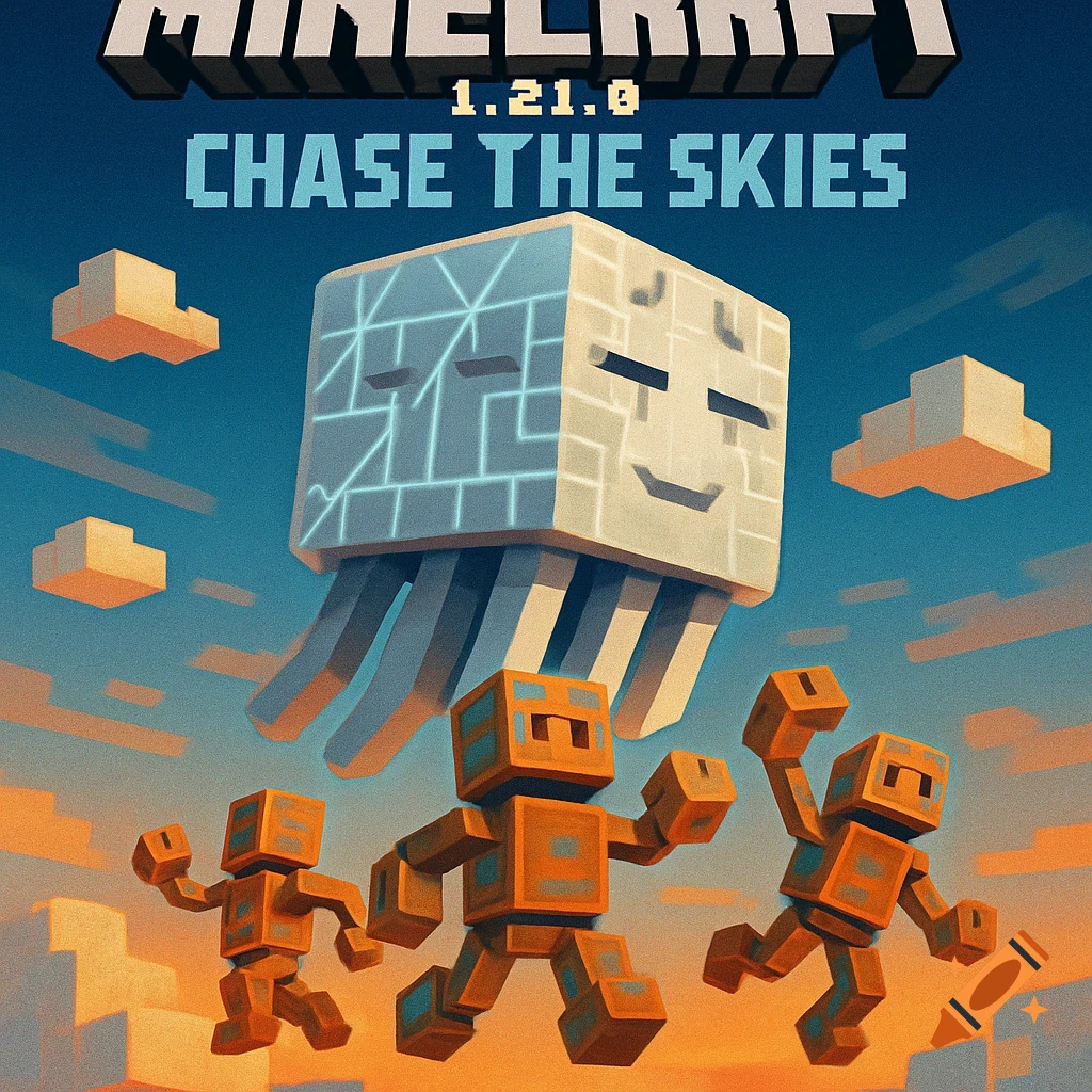 An isometric voxel art image for Minecraft, showing a large white Ghast floating above three orange Copper Golems running across blocky terrain under a blue sky.
