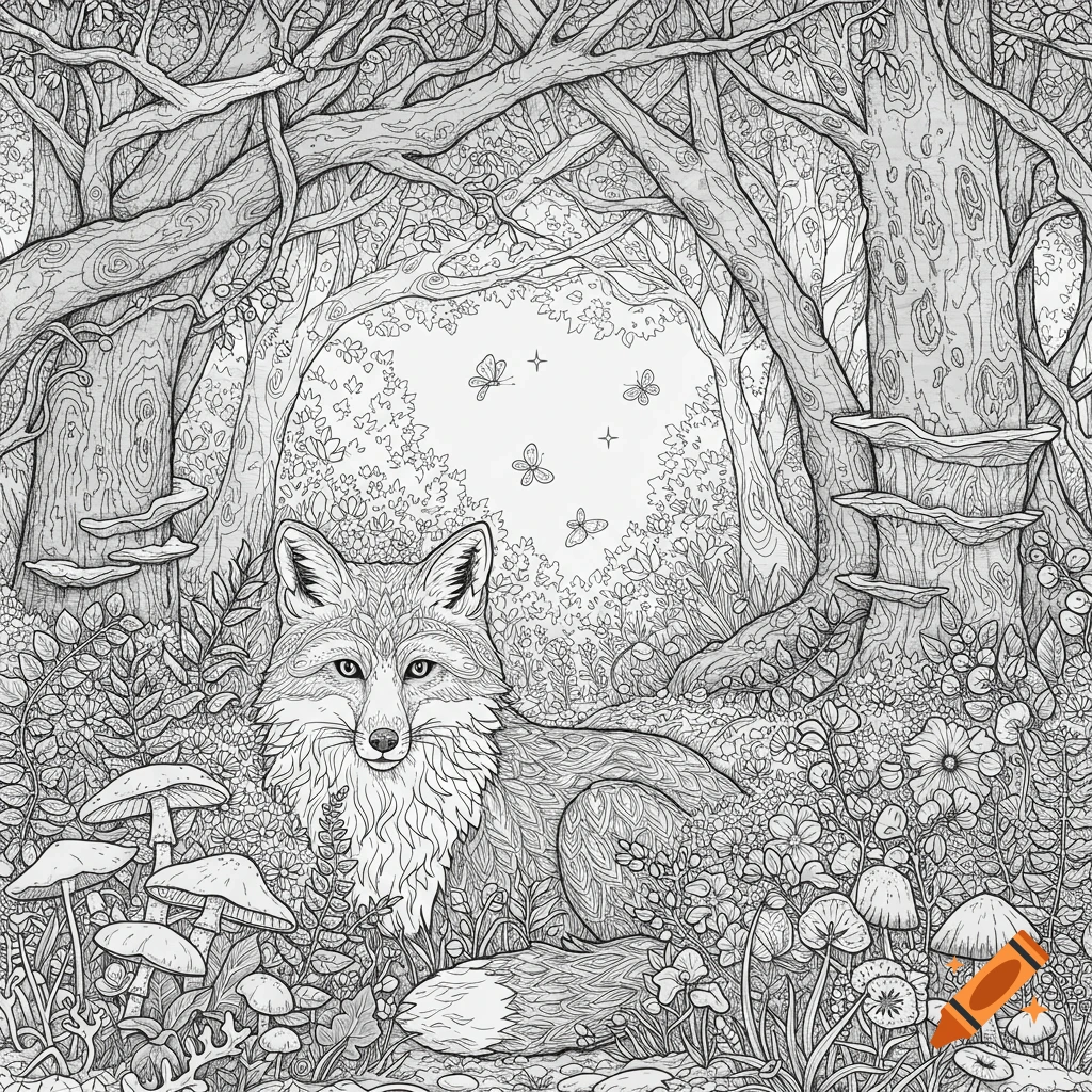 Black and white line art coloring page of a fox resting in a forest with mushrooms and butterflies.