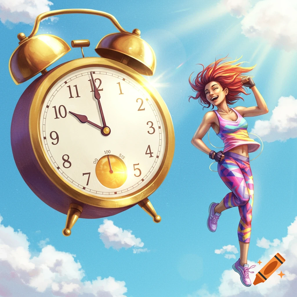 A vibrant illustration of a woman in activewear jumping happily next to a large golden alarm clock in a bright blue sky with clouds.