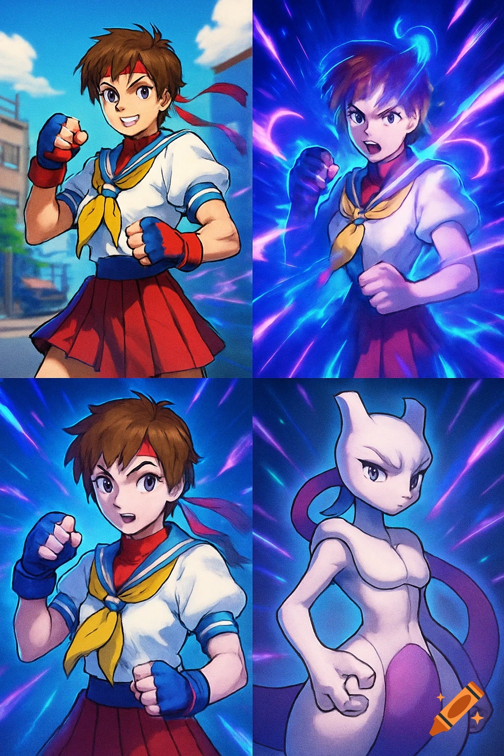 A 4-panel anime comic shows Sakura Kasugano from Street Fighter transforming into Mewtwo from Pokemon, with blue energy effects.