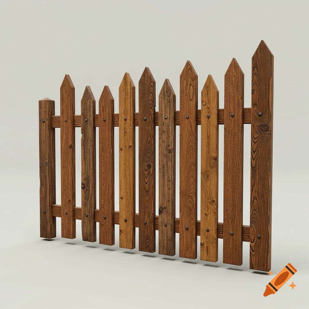 A photorealistic wooden picket fence with varied plank heights and wood grains on a plain background.