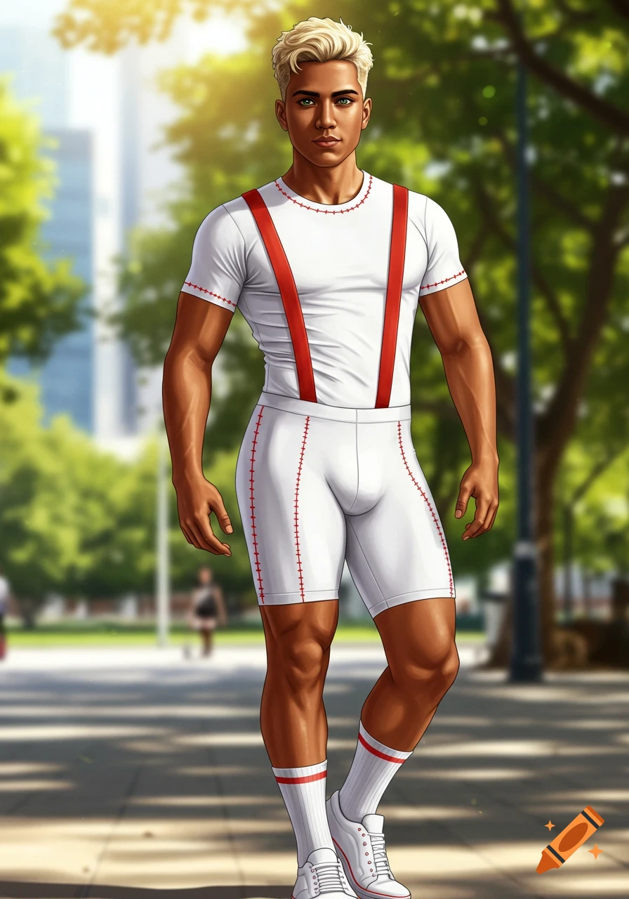 Illustrated young, tanned man with blonde hair and green eyes, wearing white sportswear with red accents and suspenders, standing outdoors.