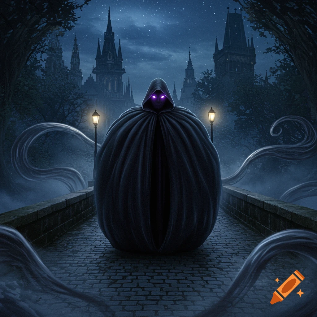 A dark, cloaked figure with glowing purple eyes stands on a cobblestone bridge at night, with gothic buildings and misty tendrils in the background.