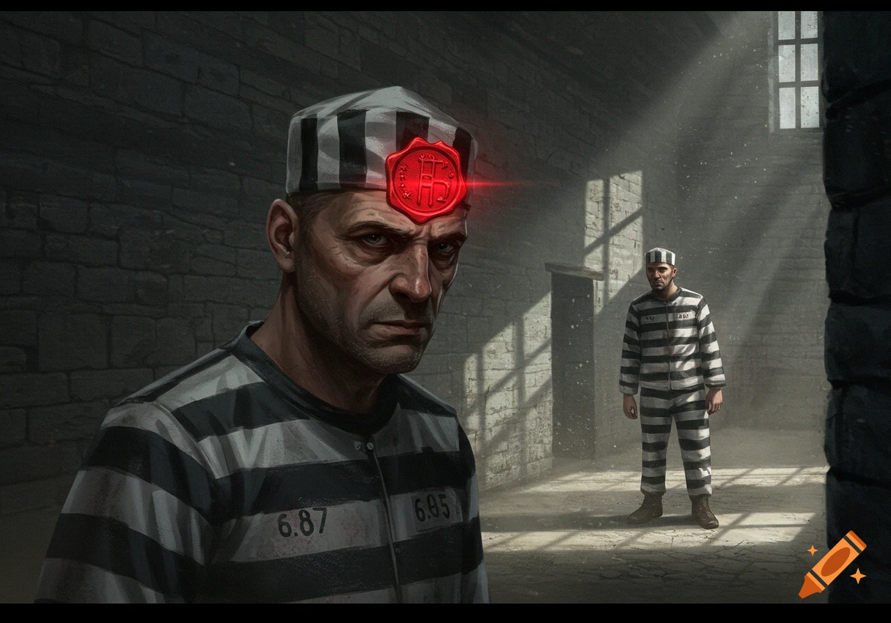 A stylized illustration of a prisoner in striped uniform with a glowing red seal on his forehead, looking grimly at the viewer in a dimly lit cell. Another prisoner stands in the background.