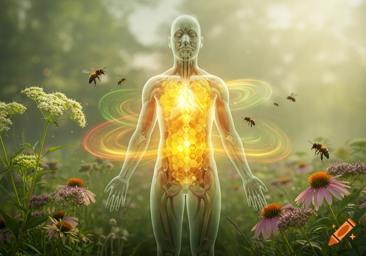 A translucent human figure with a glowing honeycomb core, surrounded by bees and wildflowers in a sunny natural setting.
