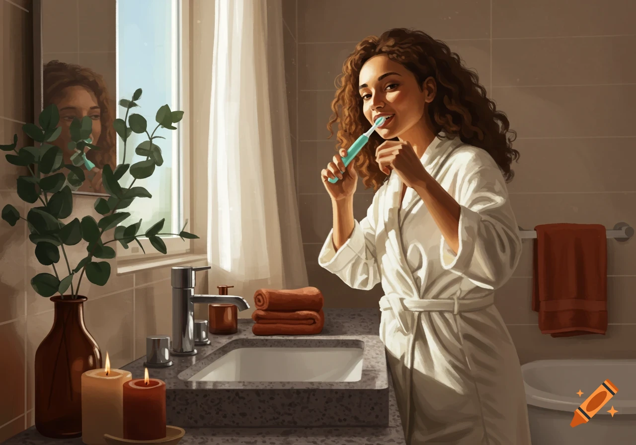 A woman with curly brown hair in a white robe brushes her teeth in a bathroom with a sink, mirror, and window.