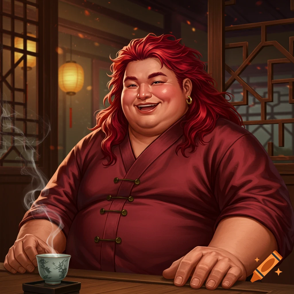 Digital art portrait of a smiling, corpulent Asian man with long red hair in a traditional red robe, holding a steaming teacup at a wooden table in a traditional room.