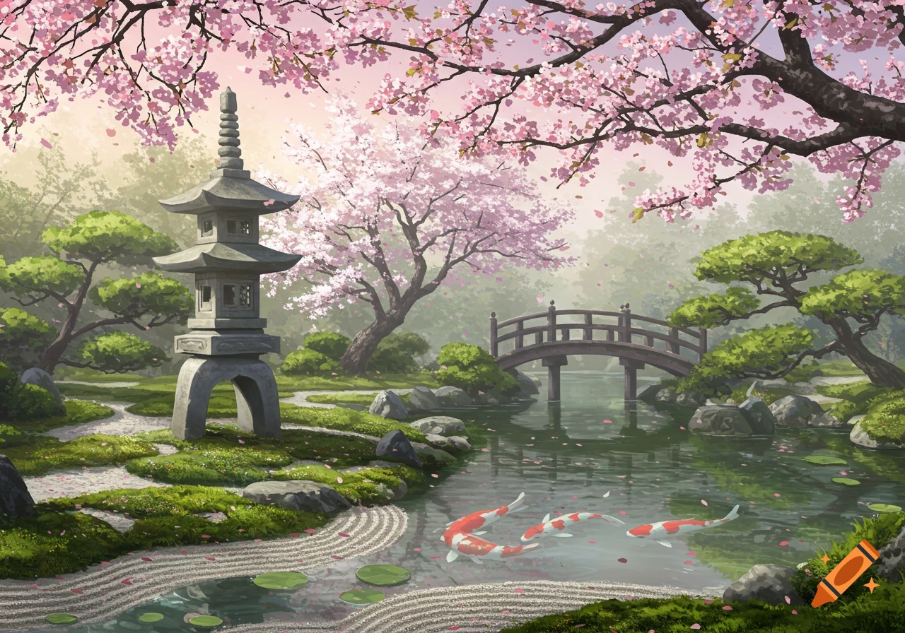 A serene Japanese garden with a stone lantern, wooden bridge over a pond with koi fish, and pink cherry blossoms overhead.