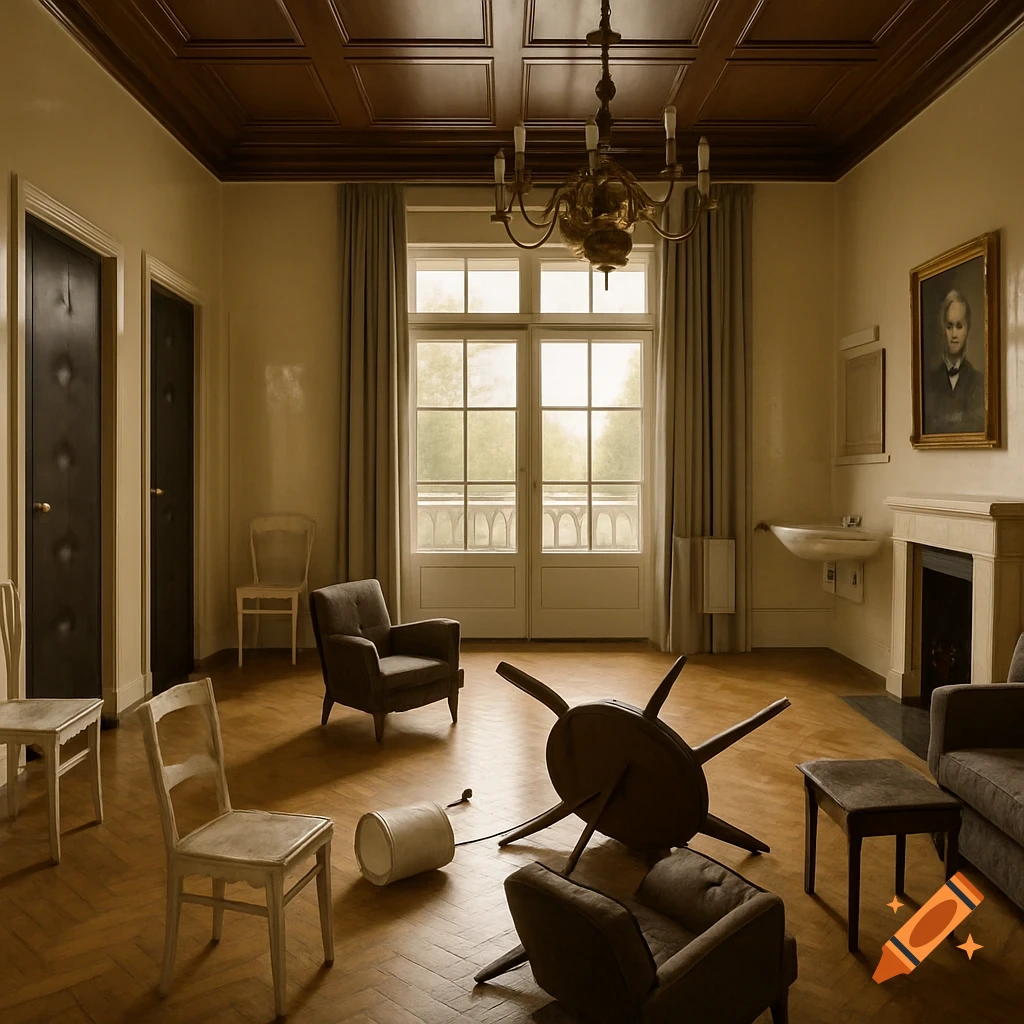 A photorealistic image of a disheveled room with scattered furniture, an overturned table, and a portrait on the wall.