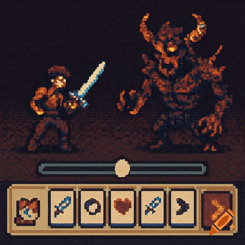 Retro pixel art RPG battle scene with a character fighting a horned monster, featuring a rhythm bar and card icons at the bottom.
