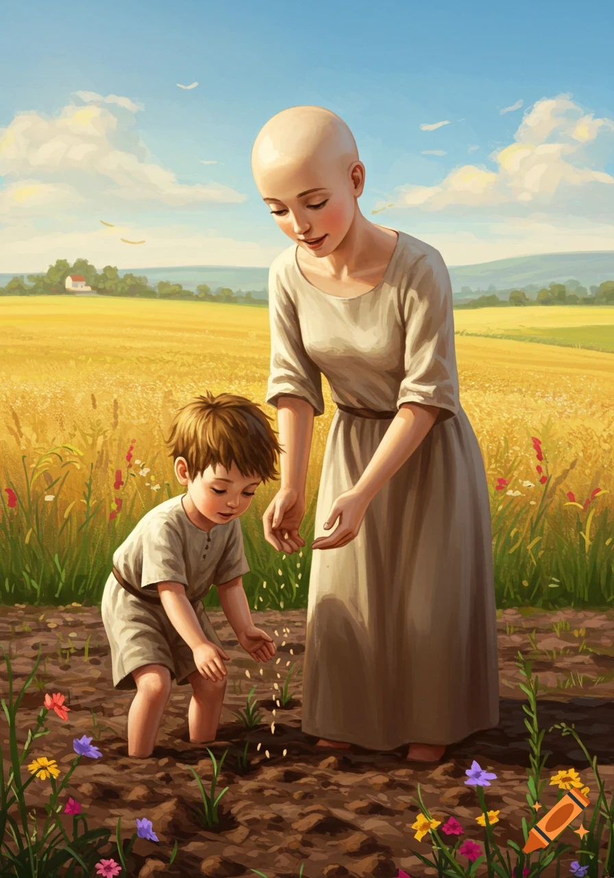 An illustration of a bald woman and a young boy planting seeds in a field with wildflowers under a blue sky.
