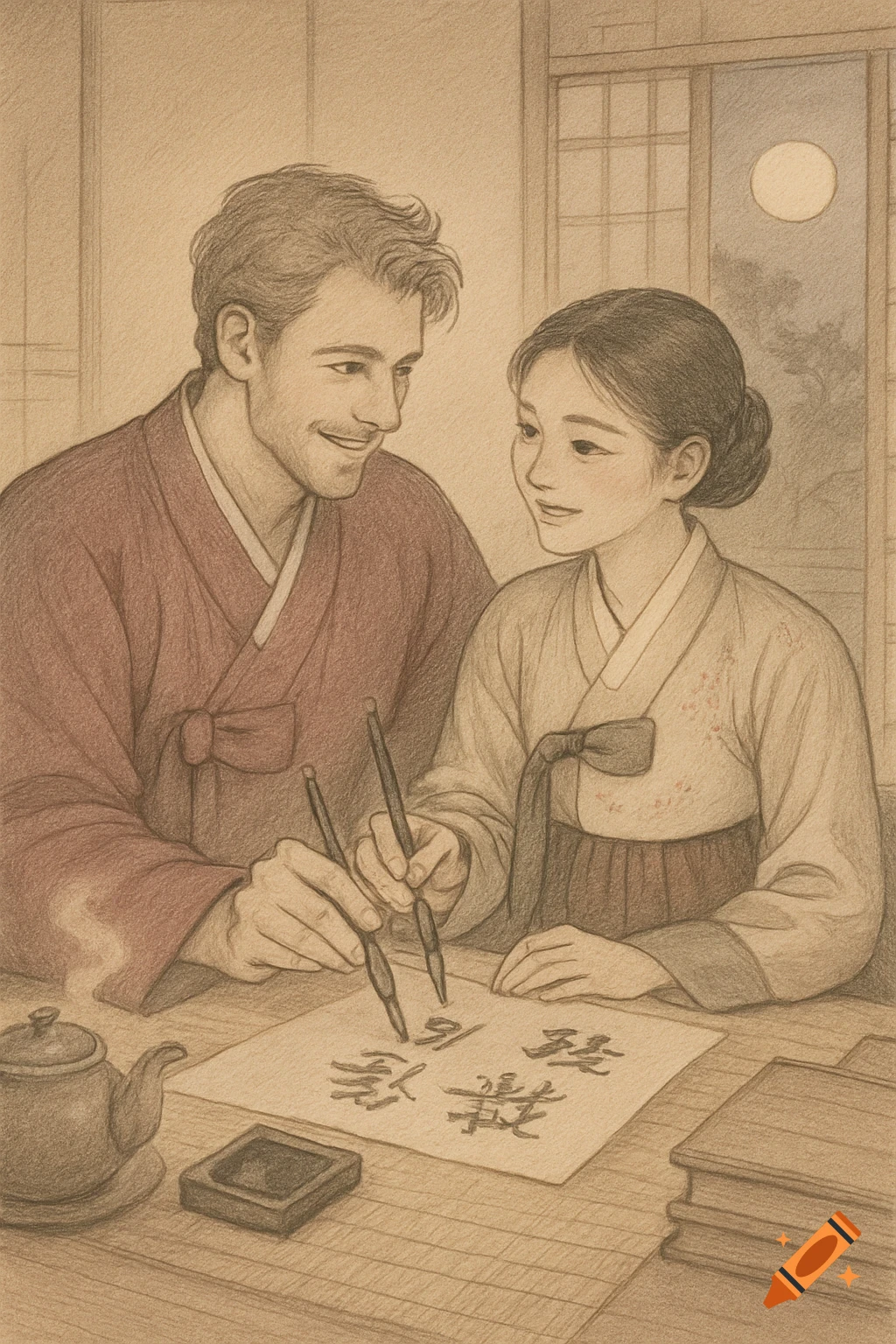 Pencil illustration of a man and woman in hanbok practicing calligraphy at a low desk, with a teapot and ink stone nearby.