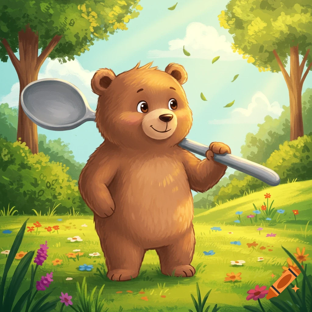 A cute brown cartoon bear walks through a sunny green field with flowers, carrying a large silver spoon on its shoulder.