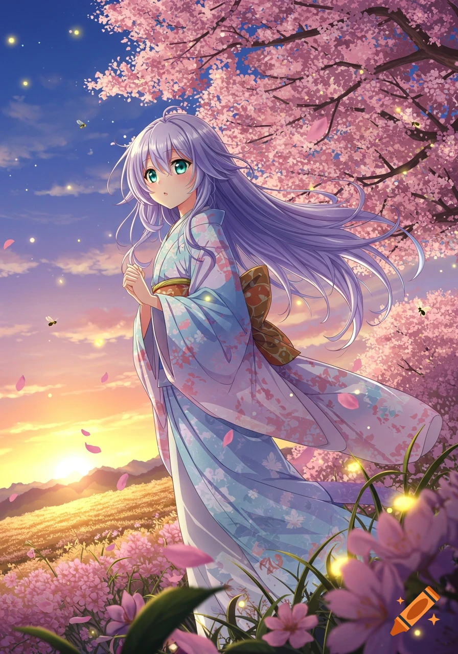 Anime girl with long purple hair in a kimono stands in a field of pink ...