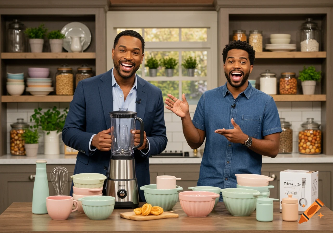 Two smiling men, one holding a blender, stand behind a counter with various pastel kitchen items in a studio kitchen setting.