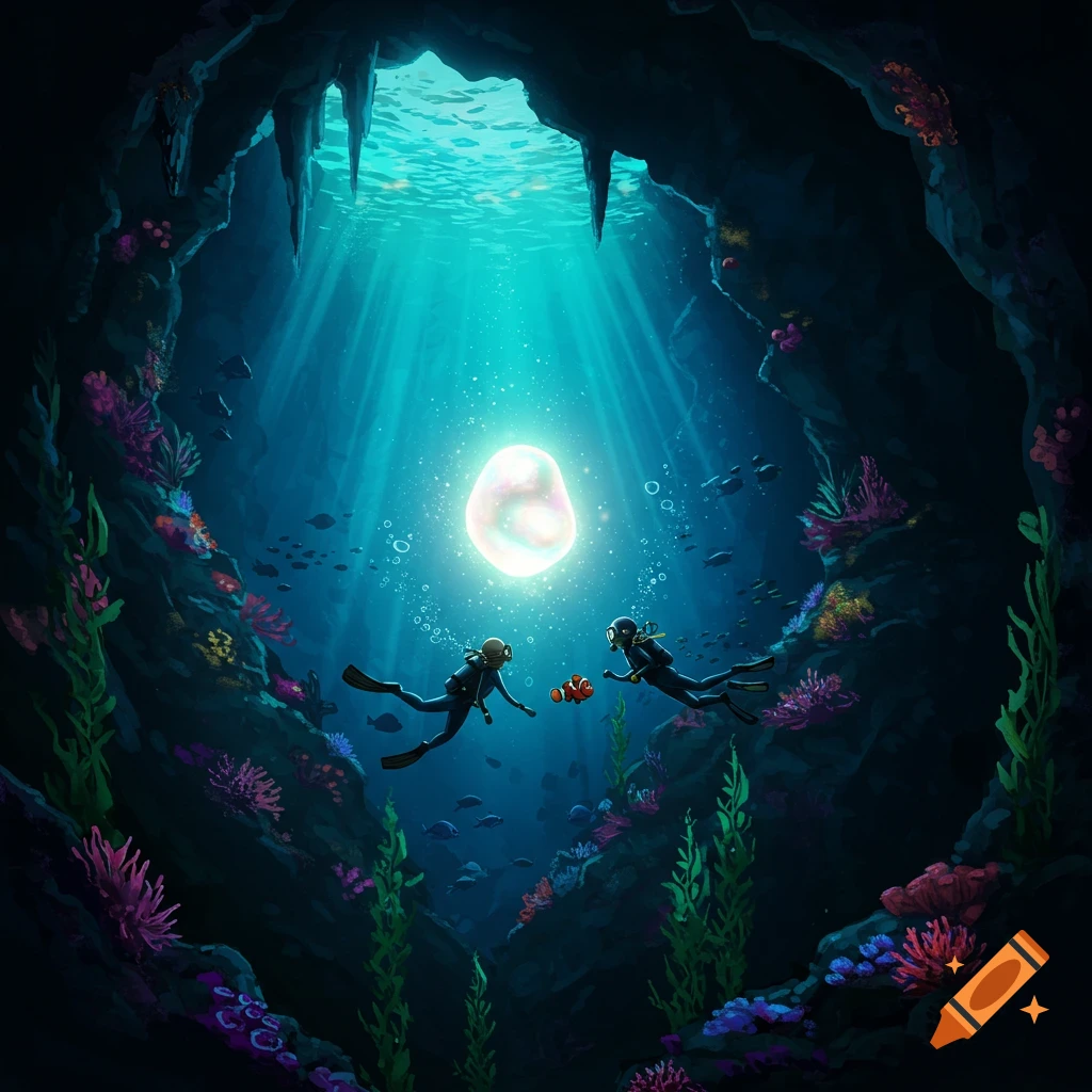 Two divers explore a dark underwater cave, illuminated by a glowing pearl, surrounded by colorful coral and fish.