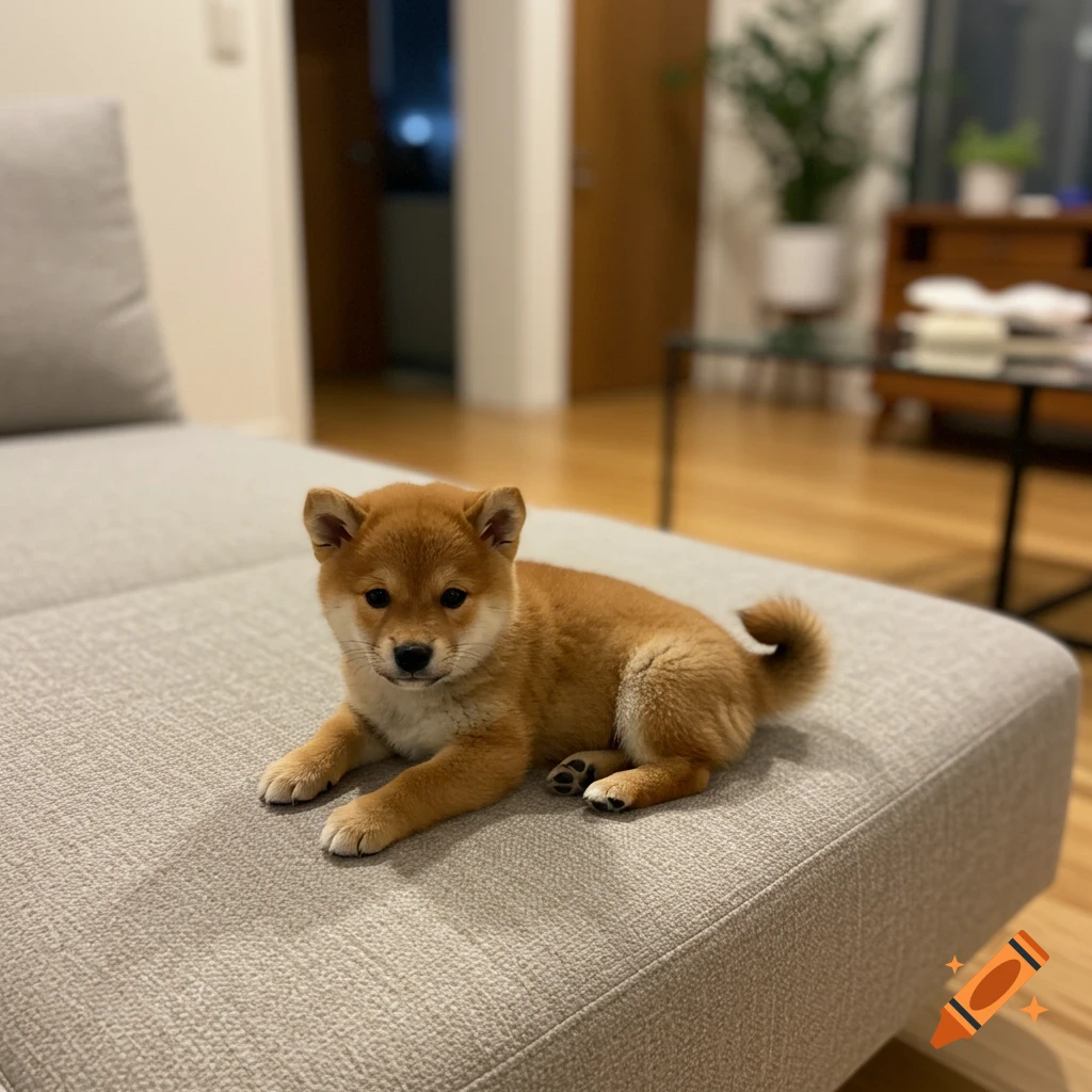 A small, light brown Shiba Inu puppy lies on a gray couch in a room.