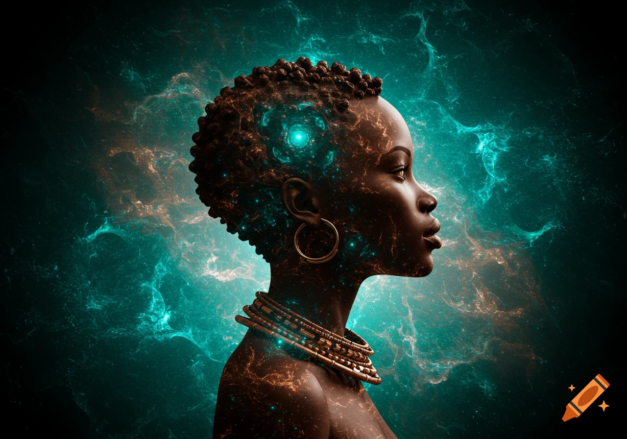 Profile of an African woman with glowing cosmic patterns on her skin and hair, wearing tribal jewelry, against a swirling teal nebula.