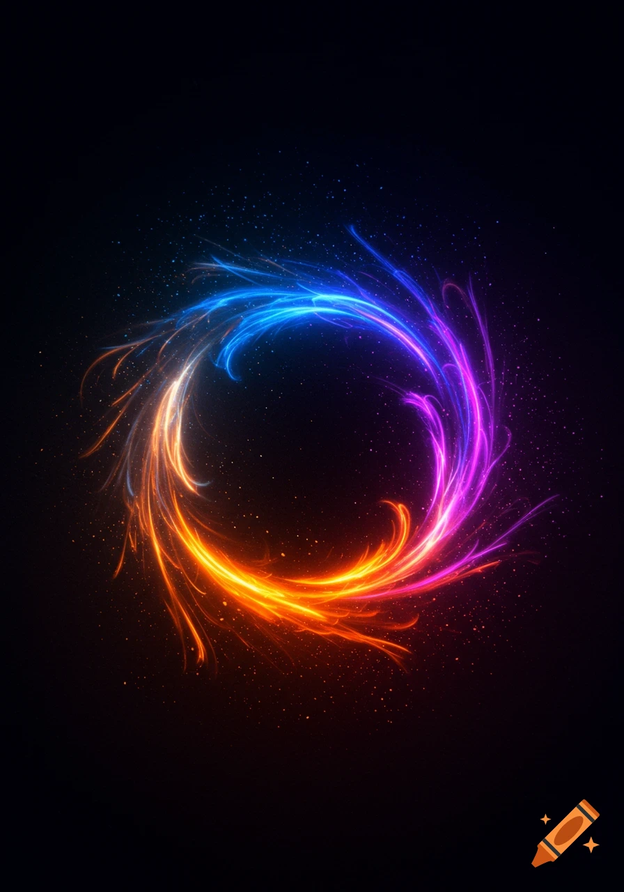 A vibrant circular swirl of glowing light trails in orange, red, pink, purple, and blue against a dark, starry background.