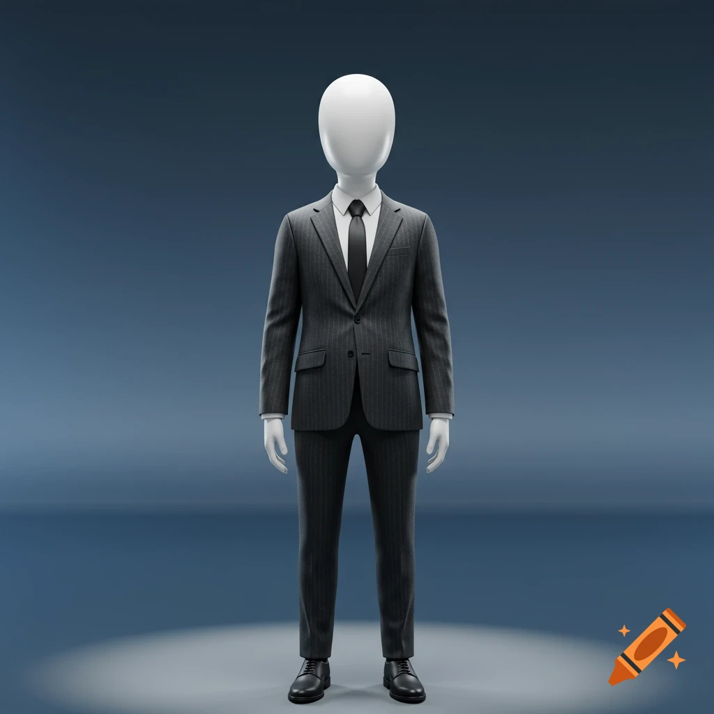 A faceless white mannequin in a pinstripe suit, white shirt, and black tie, standing in a spotlight against a dark blue background.