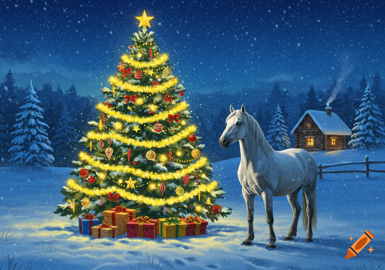A white horse stands in a snowy winter landscape next to a brightly lit and decorated Christmas tree, with a cabin in the background.