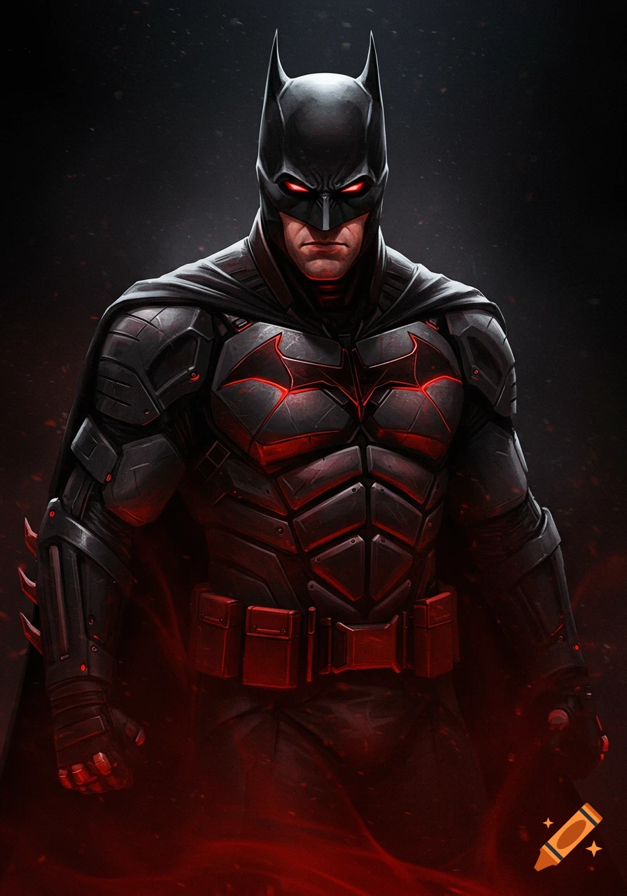 Stylized image of Batman in a black armored suit with a glowing red bat symbol and red eyes, against a dark background with red light.