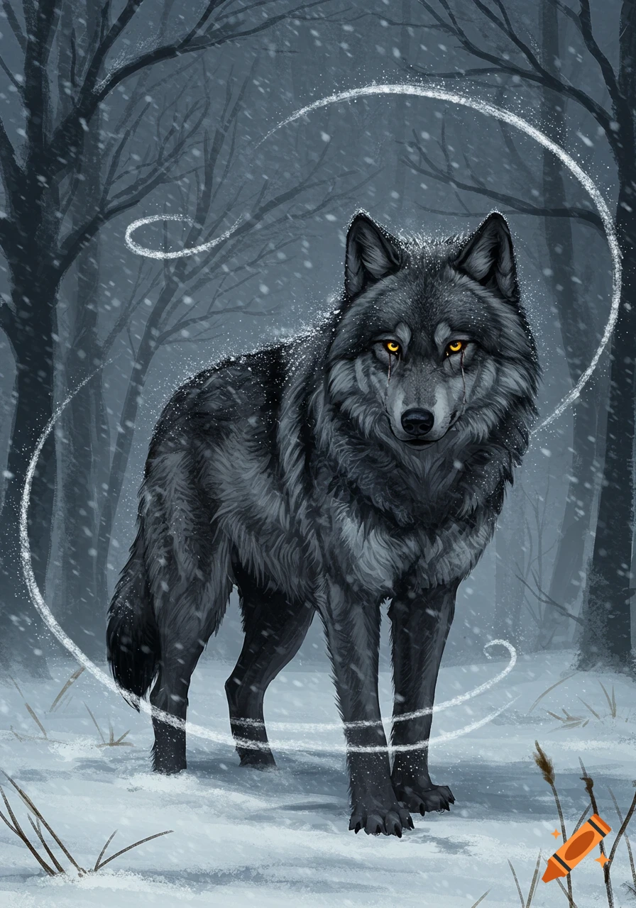 A dark-furred wolf with glowing yellow eyes stands in a snowy forest, surrounded by swirling white lines, in an illustration.
