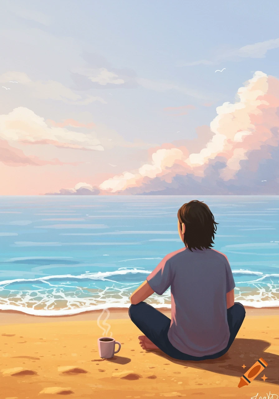 An illustrated person sits on a sandy beach, looking out at the calm blue ocean and a pastel sunset sky, with a steaming cup of coffee beside them.