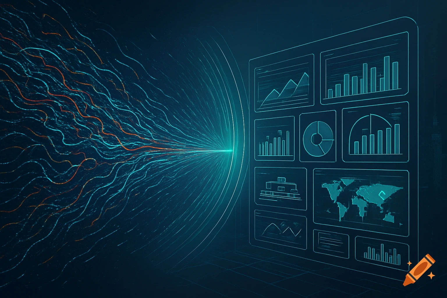Futuristic digital interface showing data processing, with teal and orange lines converging into a light source connecting to holographic charts and graphs.