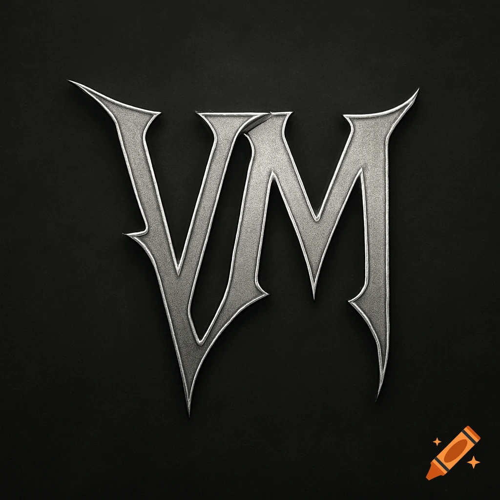 A highly stylized silver metallic logo featuring the letters 'VM' with sharp, gothic-inspired serifs, set against a black background.