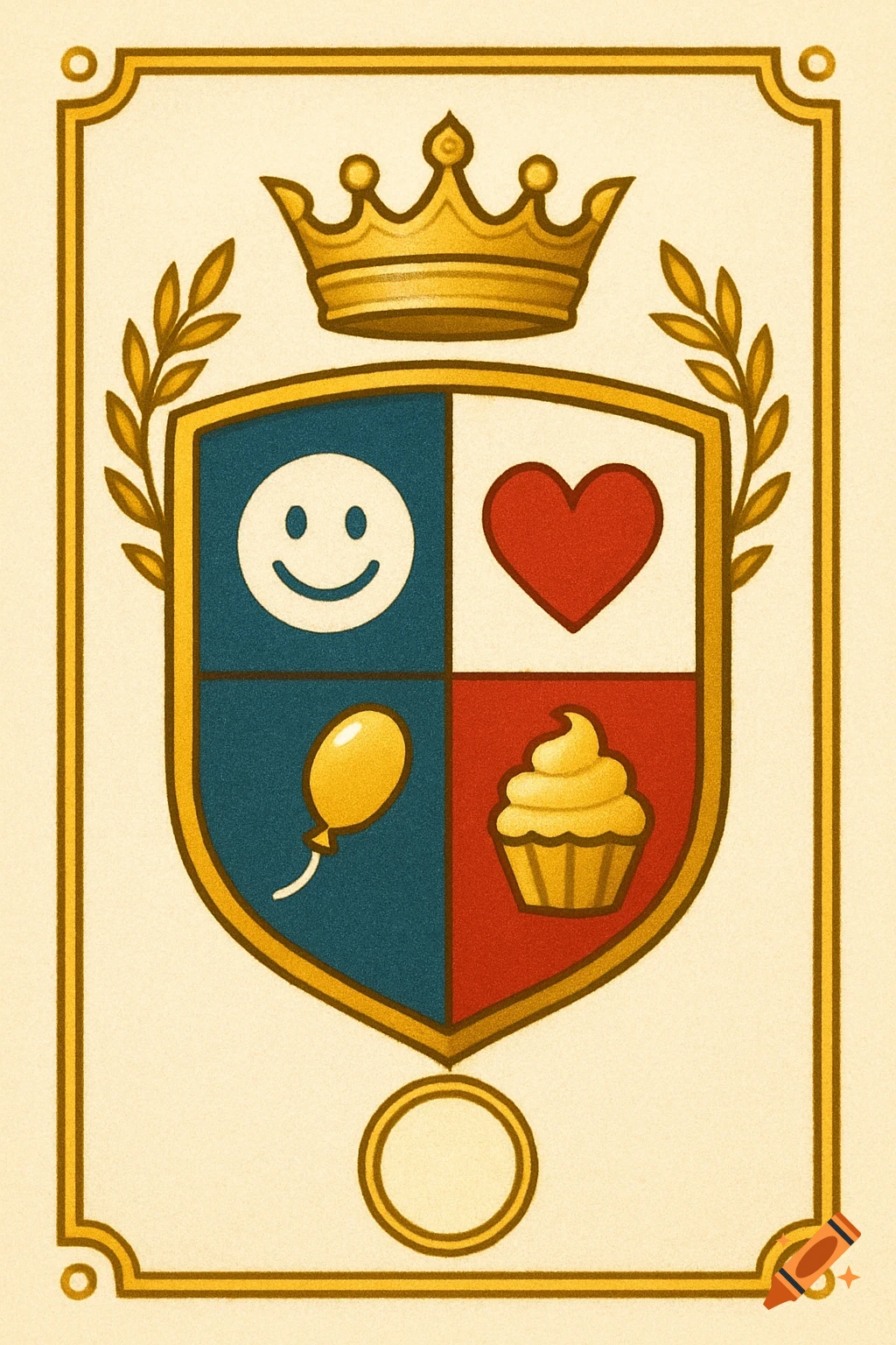 A stylized golden coat of arms with a crown and laurel branches. The shield is divided into four quadrants: a white smiley face on blue, a red heart on white, a golden balloon on blue, and a golden cupcake on red.
