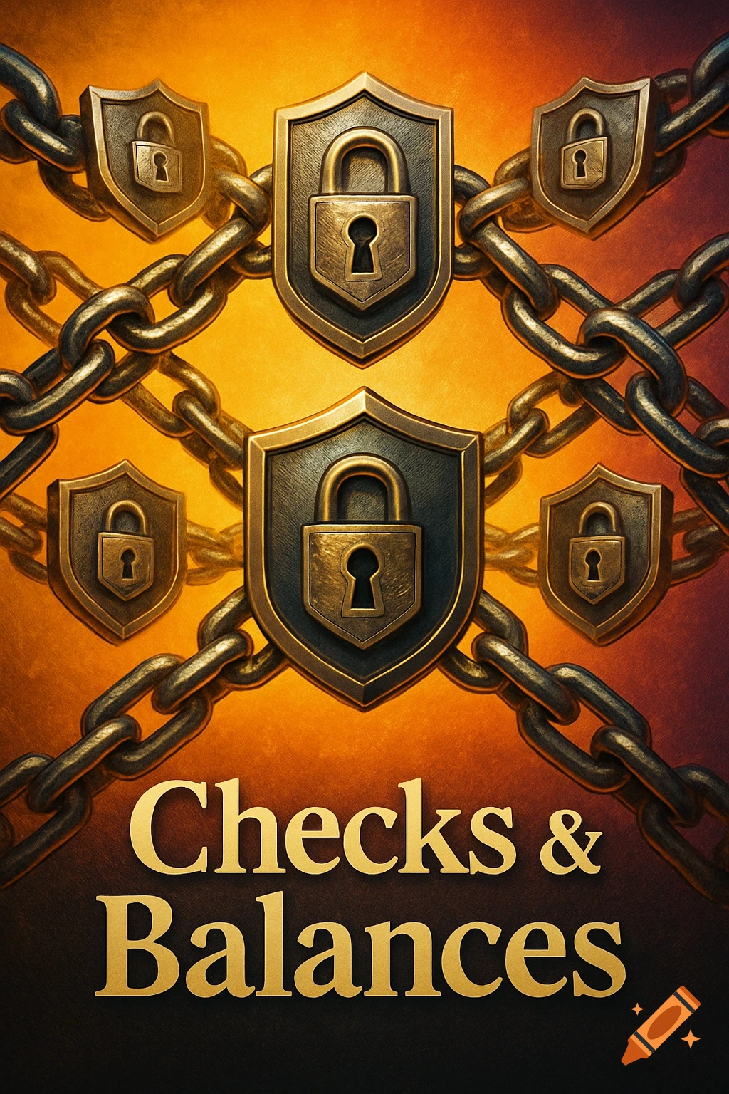 Golden metal shield icons with padlocks are linked by heavy chains against a glowing orange background, with "Checks & Balances" text.