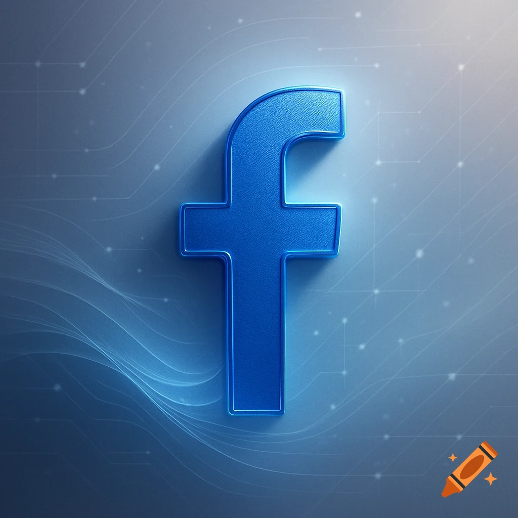 Blue, textured Facebook 'f' logo with a glowing outline on a blue-grey digital background with network lines.