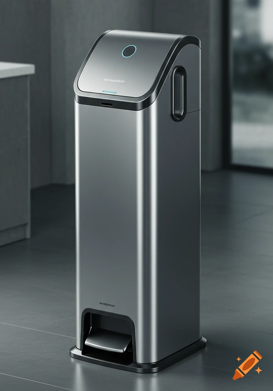 A sleek, modern silver garbage compressor bin with a black base, foot pedal, and a glowing blue light on its slanted top.