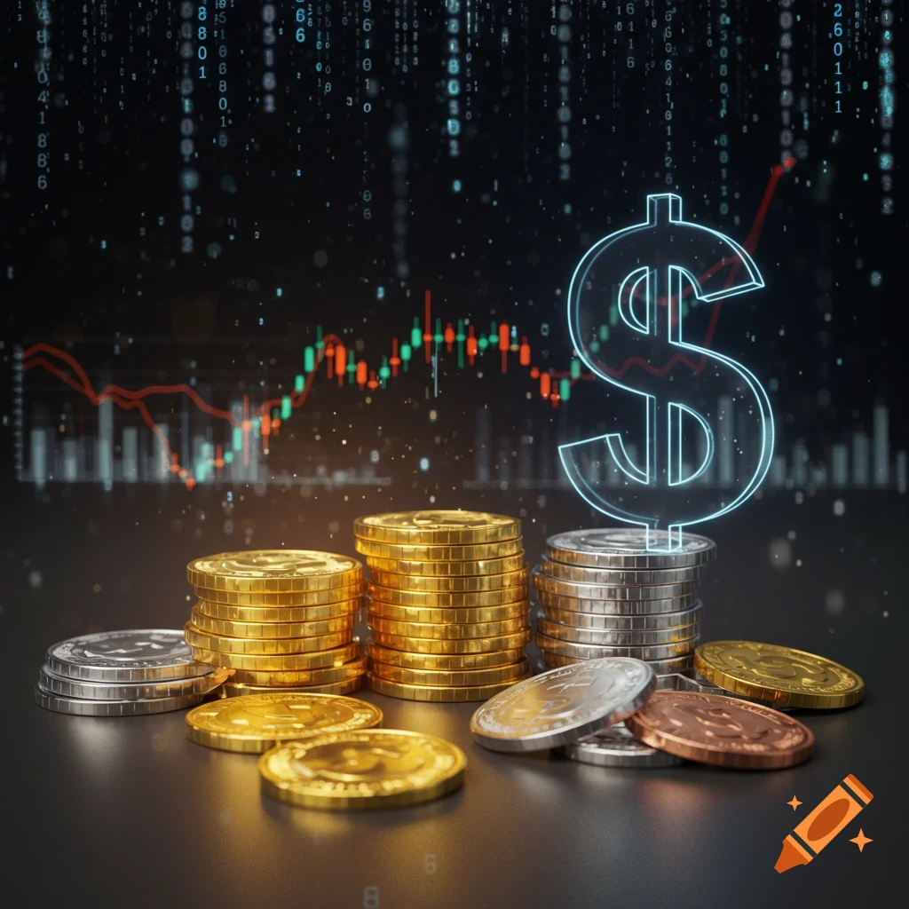 Stacks of gold and silver coins with a glowing dollar sign and stock market charts in a dark, digital background with binary code.