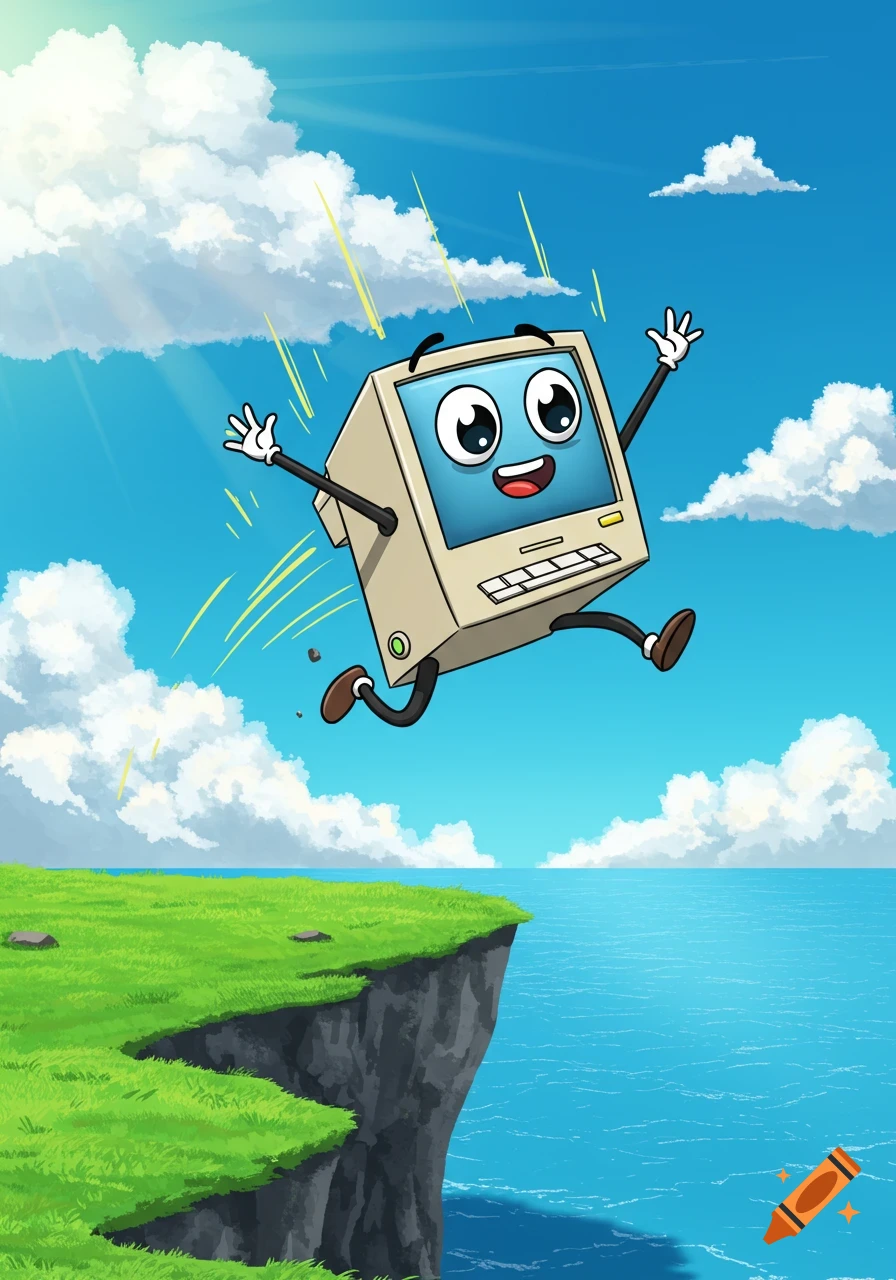 A happy cartoon computer monitor with arms and legs jumps off a grassy cliff into the blue ocean under a clear sky.
