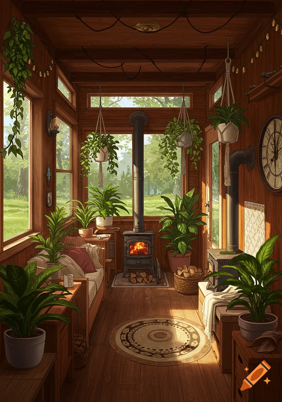 A cozy tiny house interior with rustic wooden walls, a lit wood-burning stove, and numerous potted plants, bathed in warm sunlight.