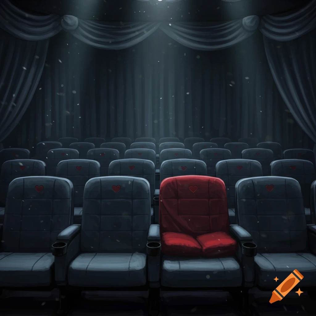 An illustrative dark movie theater with rows of empty seats, one red seat prominently placed in the center, and a single spotlight illuminating it. Each seat has a small red heart on its back.