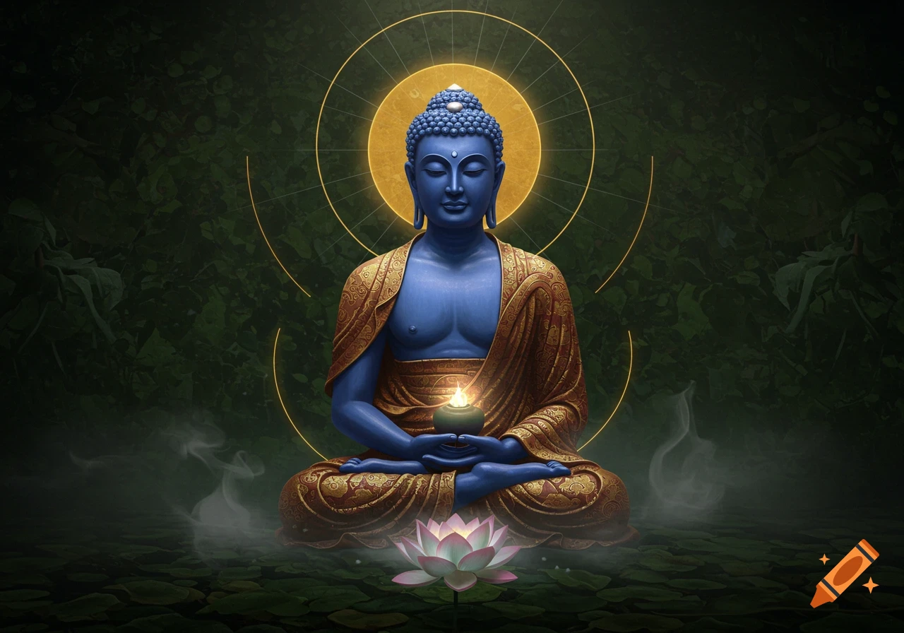 A blue Buddha statue meditates in the lotus position, holding a glowing candle, against a dark green leafy background with a golden halo and a pink lotus flower.