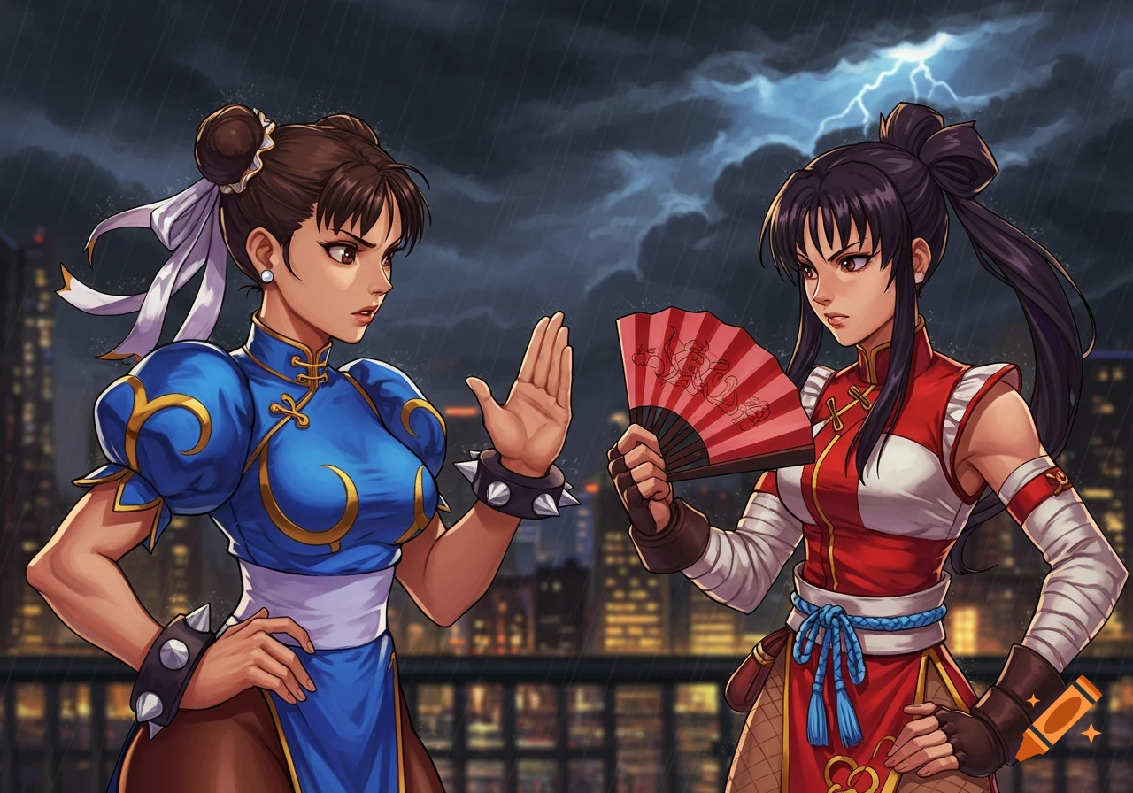 Anime illustration of Chun-Li and Mai Shiranui facing off in a rainy city with lightning.