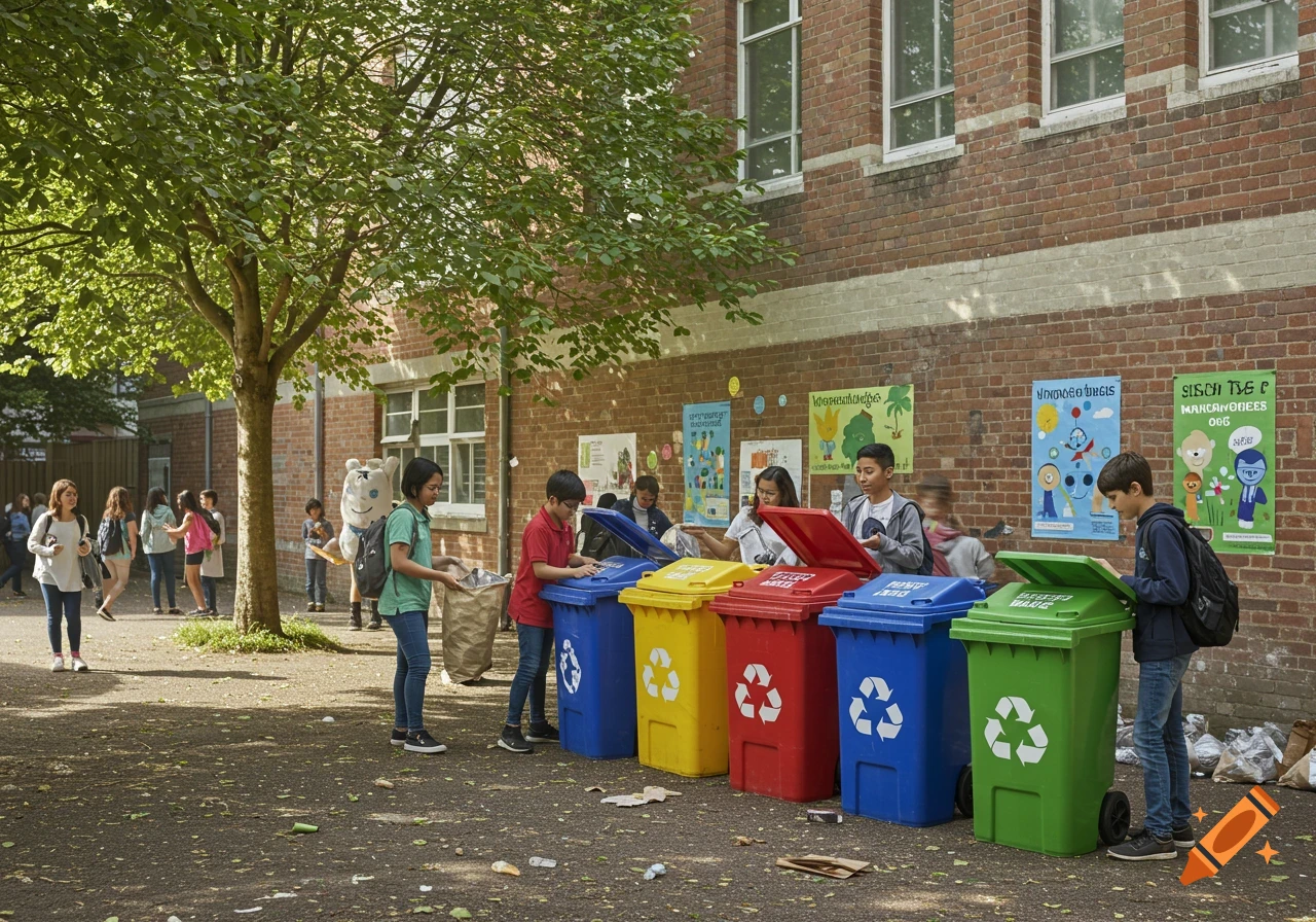 Students sort waste into colorful recycling bins outside a brick school building on a sunny day, with a tree and posters in the background.