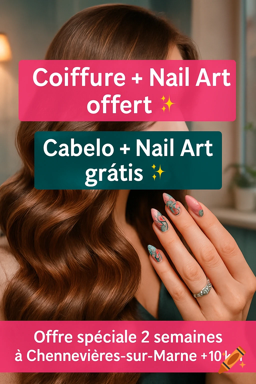 A woman with wavy brown hair and a manicured hand with intricate nail art. Three overlayed text boxes advertise a "Coiffure + Nail Art" offer in French and Portuguese.