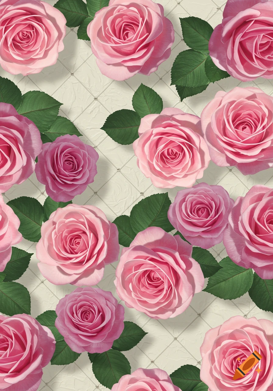 A vibrant pattern of various pink roses and green leaves on a light, textured background.