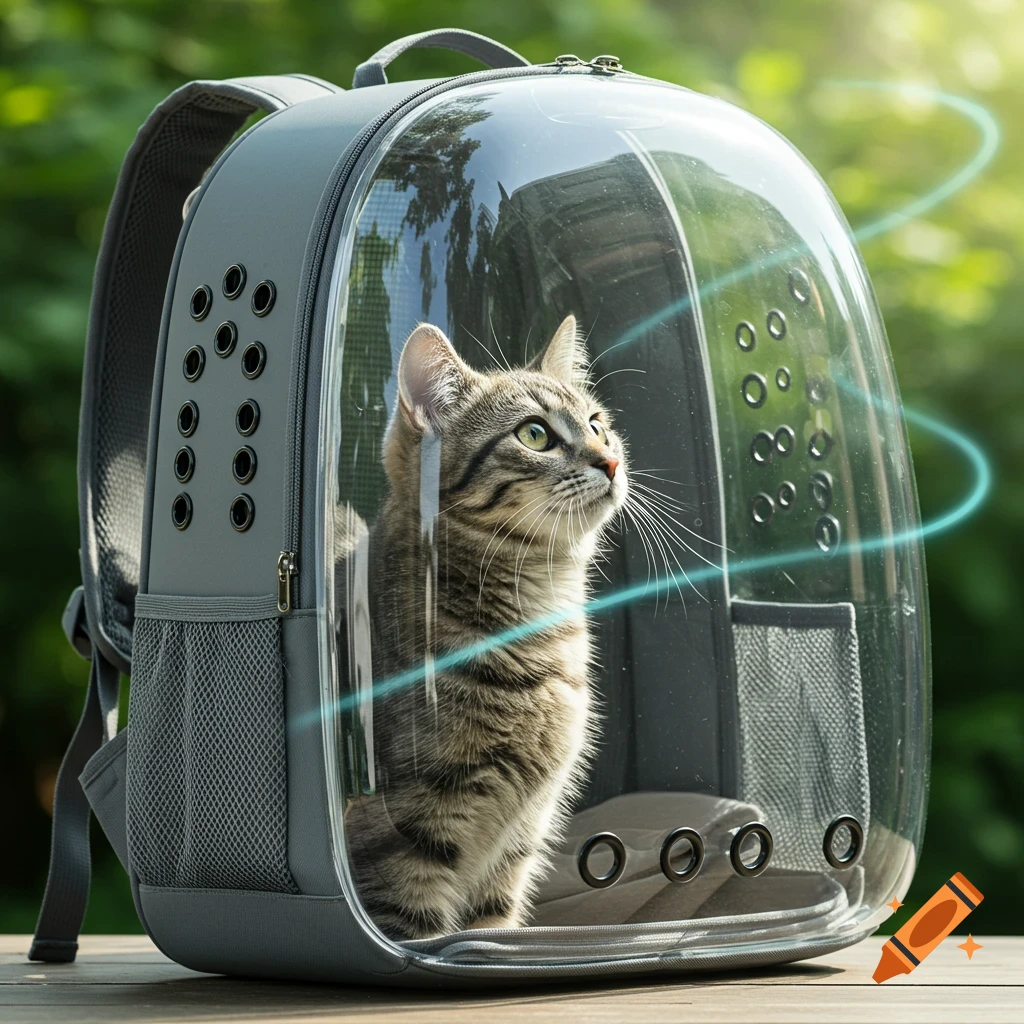 A tabby cat sits inside a transparent bubble pet carrier backpack, looking up, with a blurred green background.