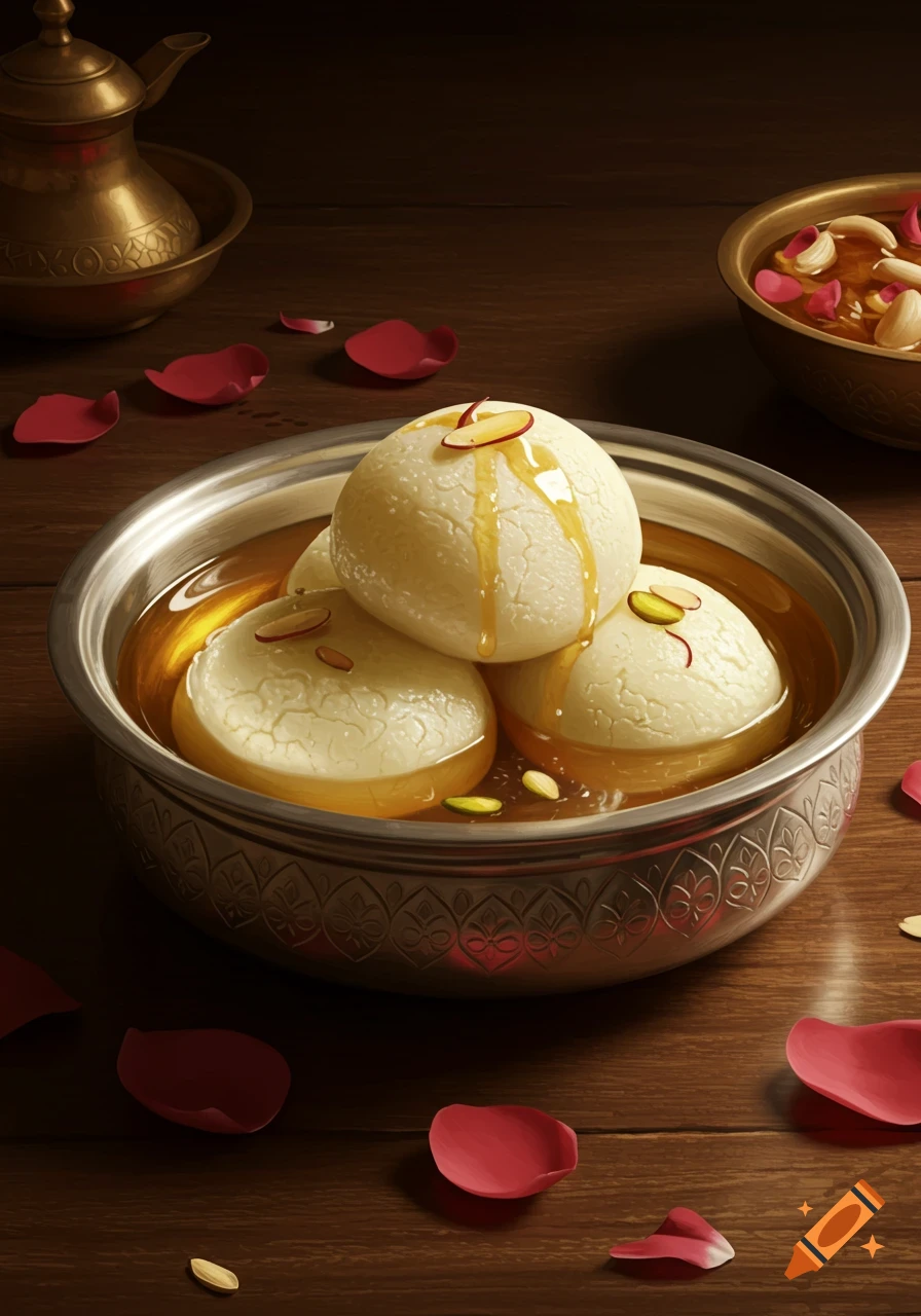 A silver bowl of rasgulla dessert topped with nuts and syrup, surrounded by red rose petals on a wooden table.