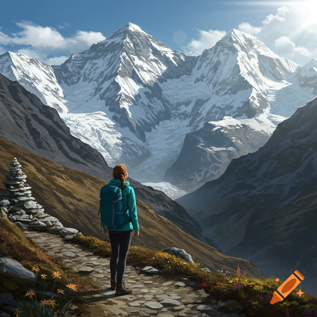 A person with a teal backpack stands on a stone path, looking at majestic snow-capped mountains and a valley under a bright, sunny sky.